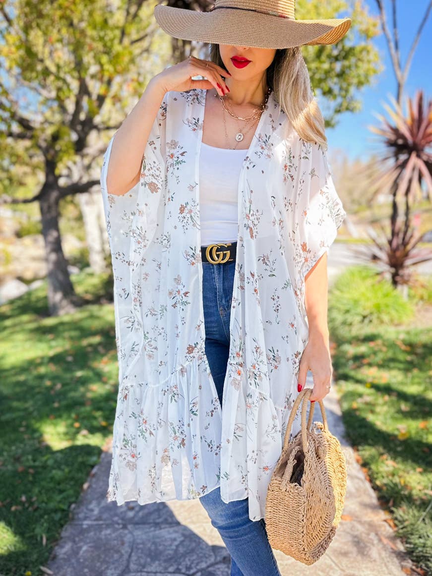 Ivory Floral Printed Ruffle Bottom Chiffon Kimono Cover Up