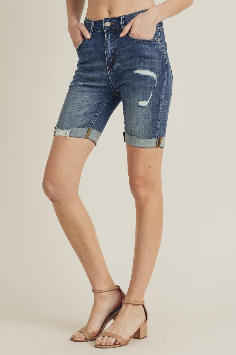 Risen High Rise Distressed Long Shorts