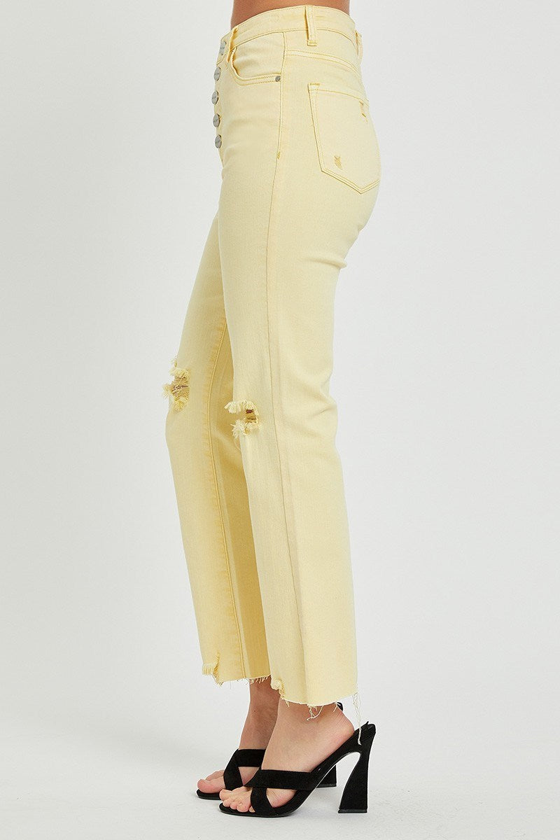 Risen Pale Yellow High Rise Button Fly Ankle Straight Pants