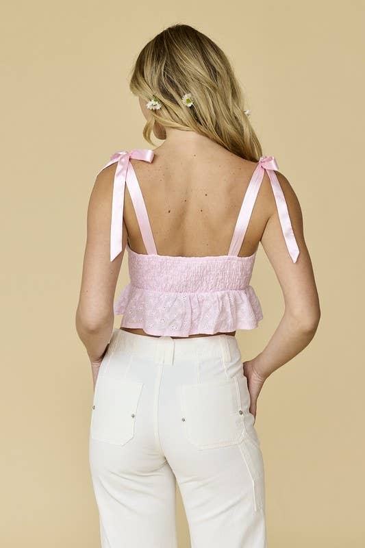 Aurora Shoulder Tie Smocked Waist Eyelet Top