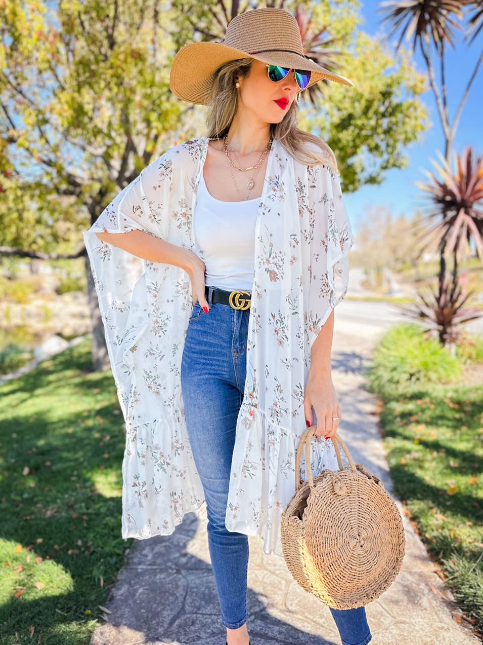 Ivory Floral Printed Ruffle Bottom Chiffon Kimono Cover Up