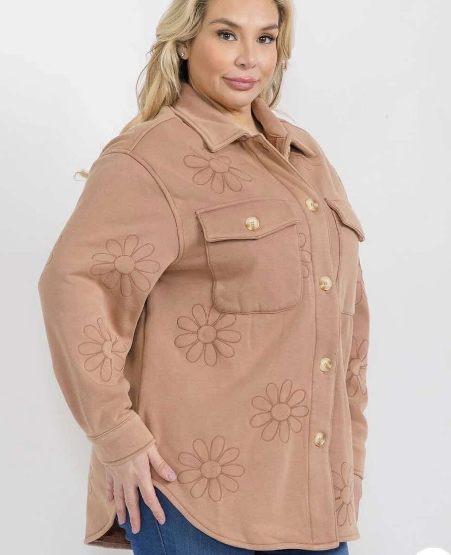 Plus Floral Embroidered Button Up