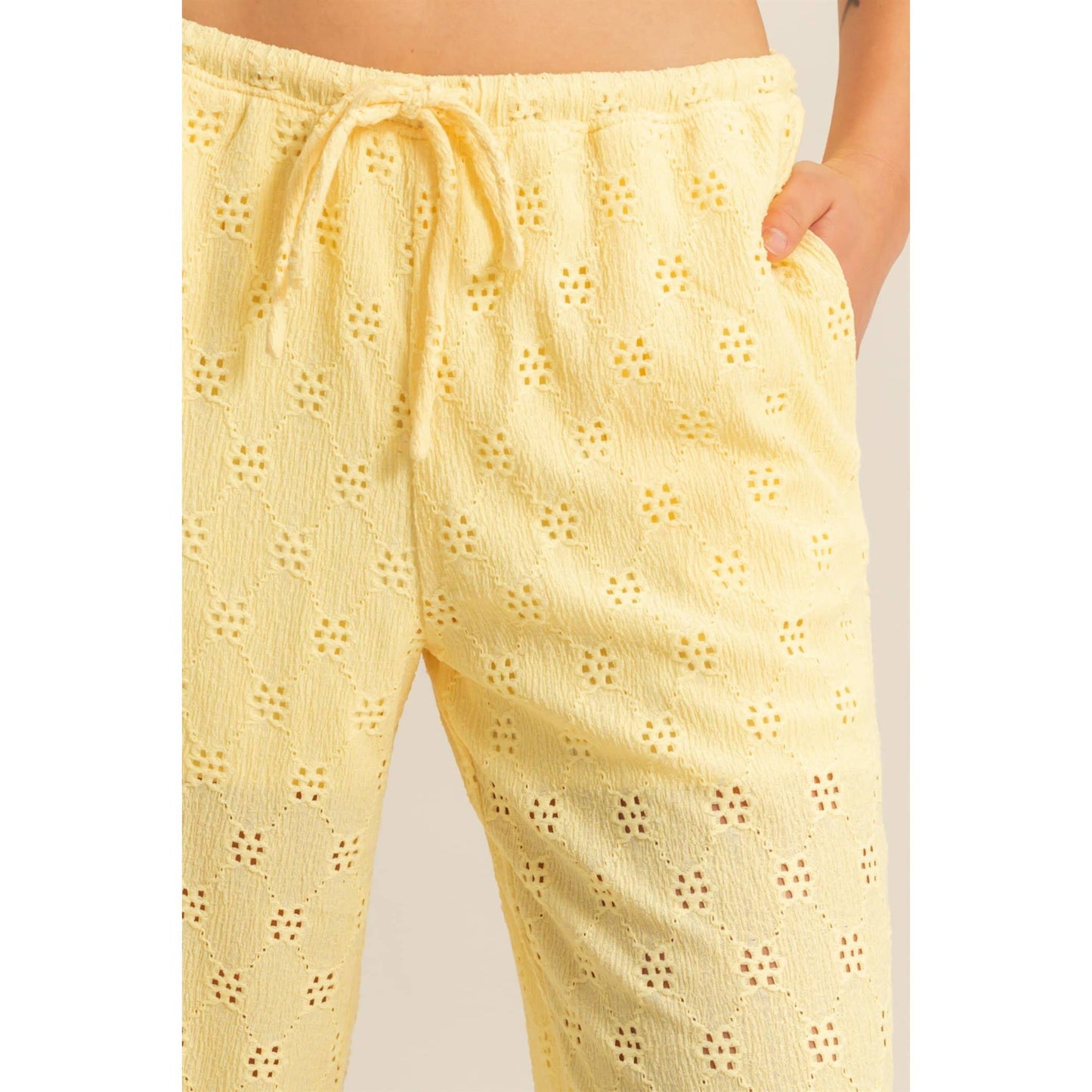 Eyelet Knit High Waist Drawstring Pants