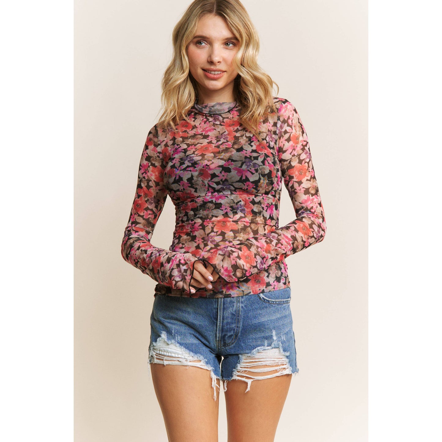 Floral Print Mesh High Neck
