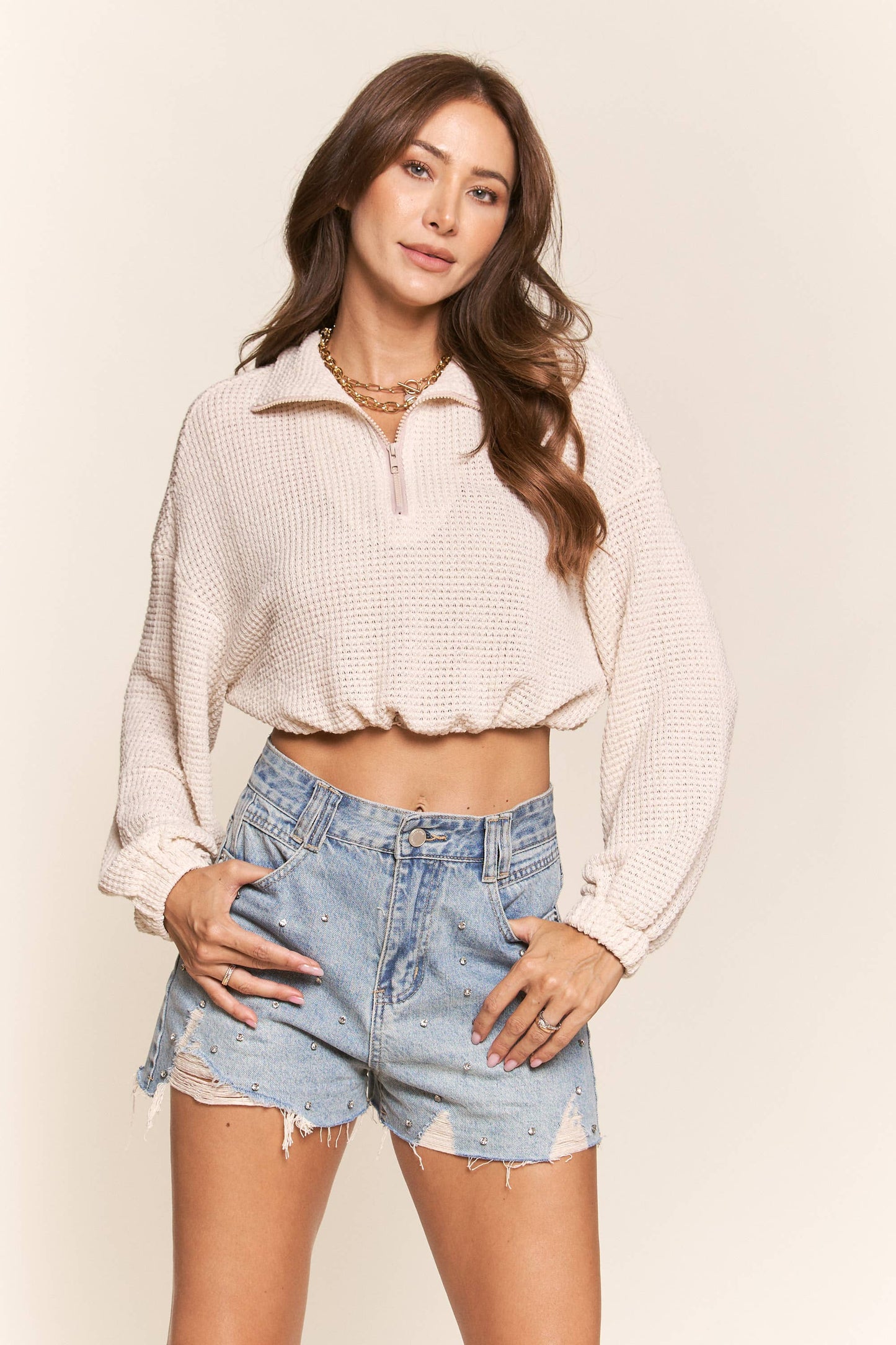 Waffle Knit Long Sleeve Front Zipper Crop Top