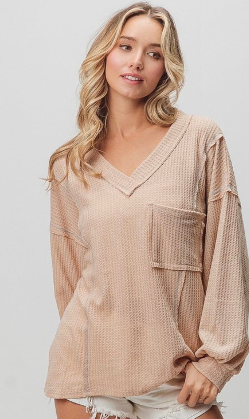 BiBi Exposed Seam Waffle V-Neck