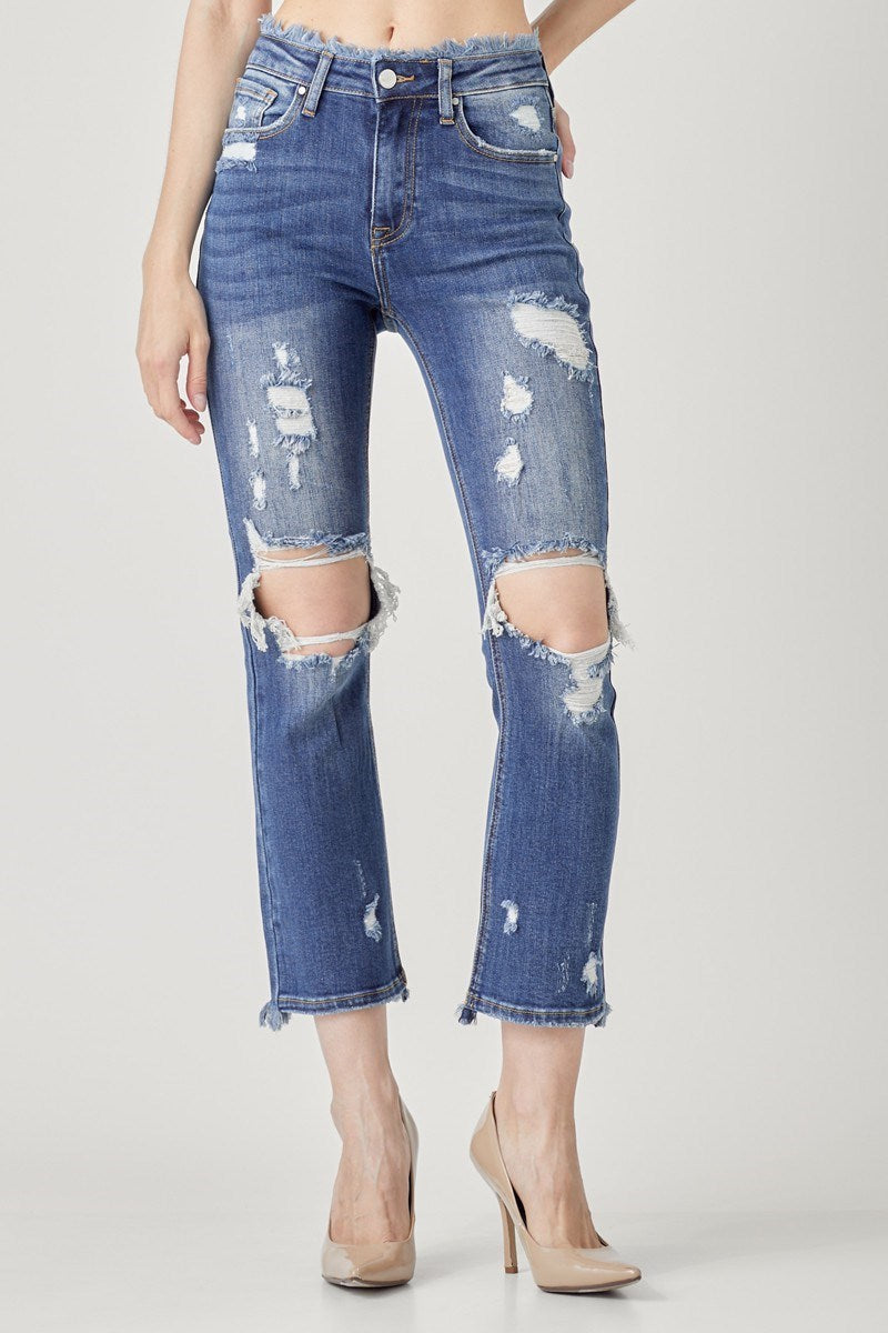 Risen Frayed Edge Distressed Straight Leg Jeans