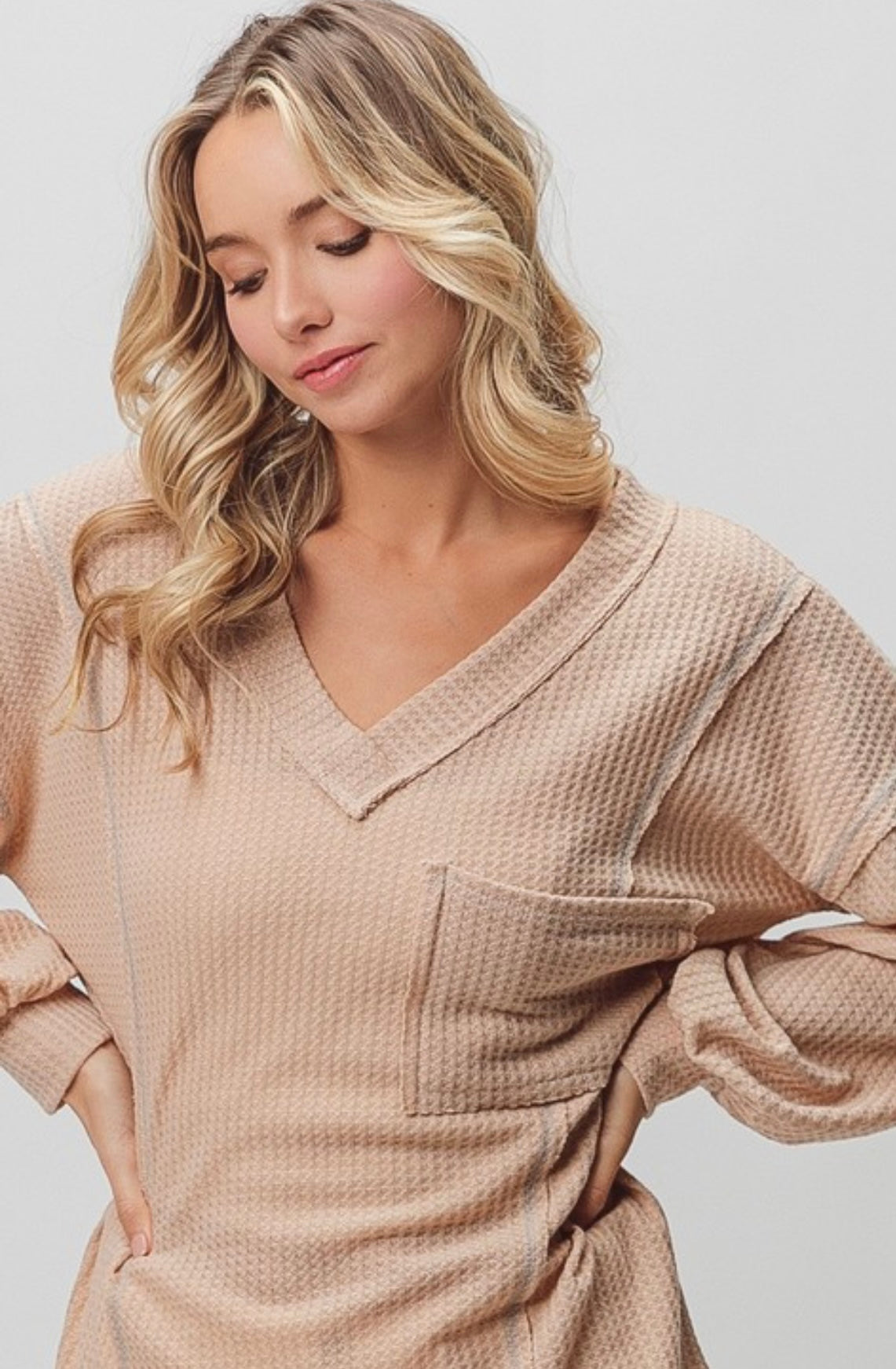 BiBi Exposed Seam Waffle V-Neck