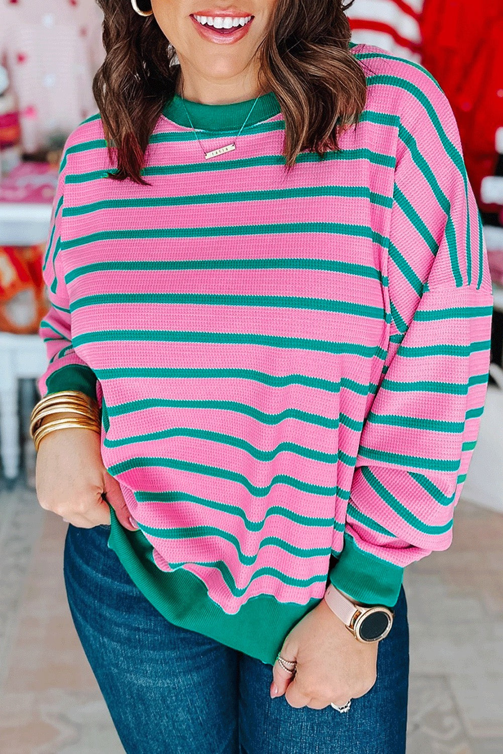 Plus Pink Stripe Waffle Knit Crew Neck Sweatshirt