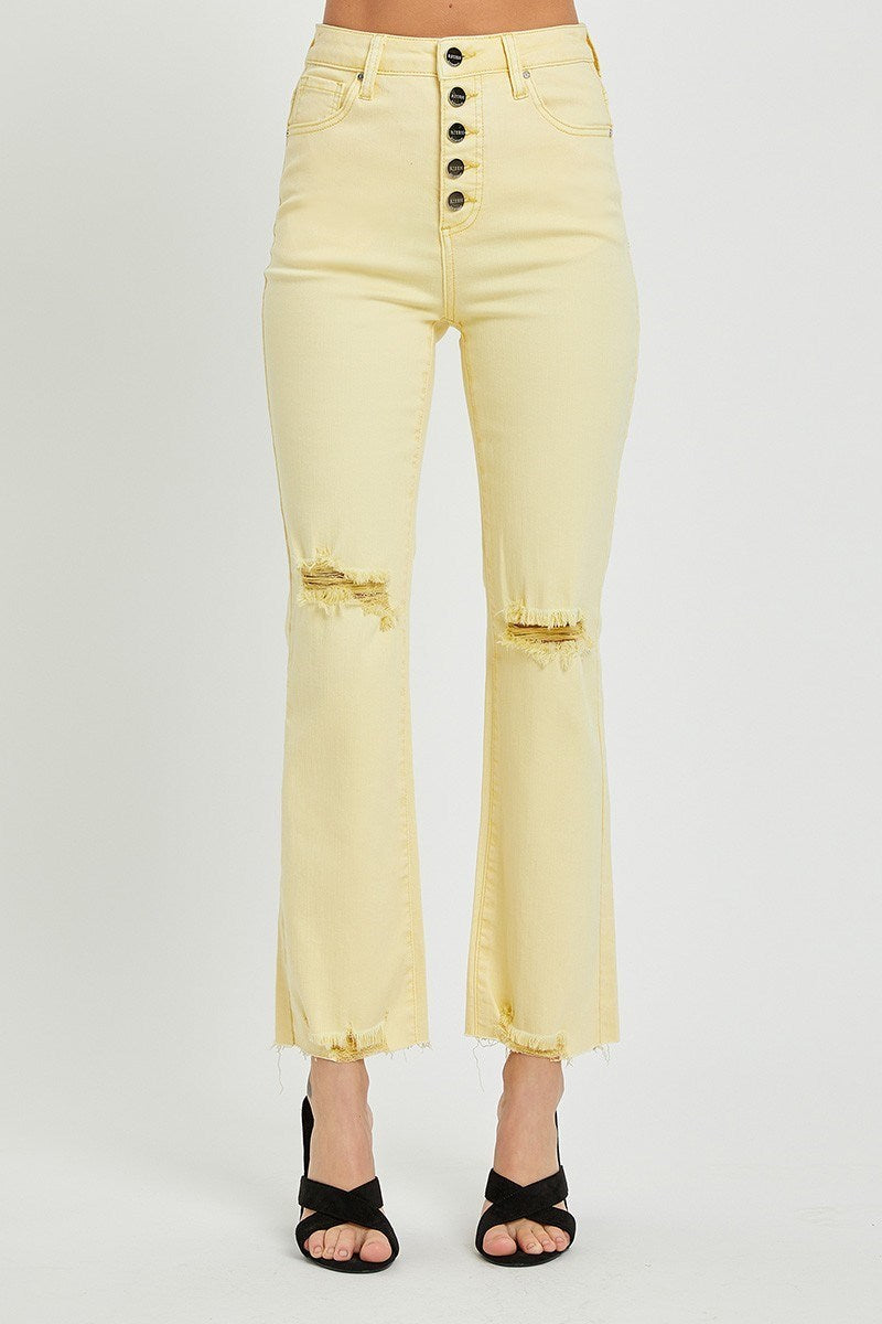 Risen Pale Yellow High Rise Button Fly Ankle Straight Pants