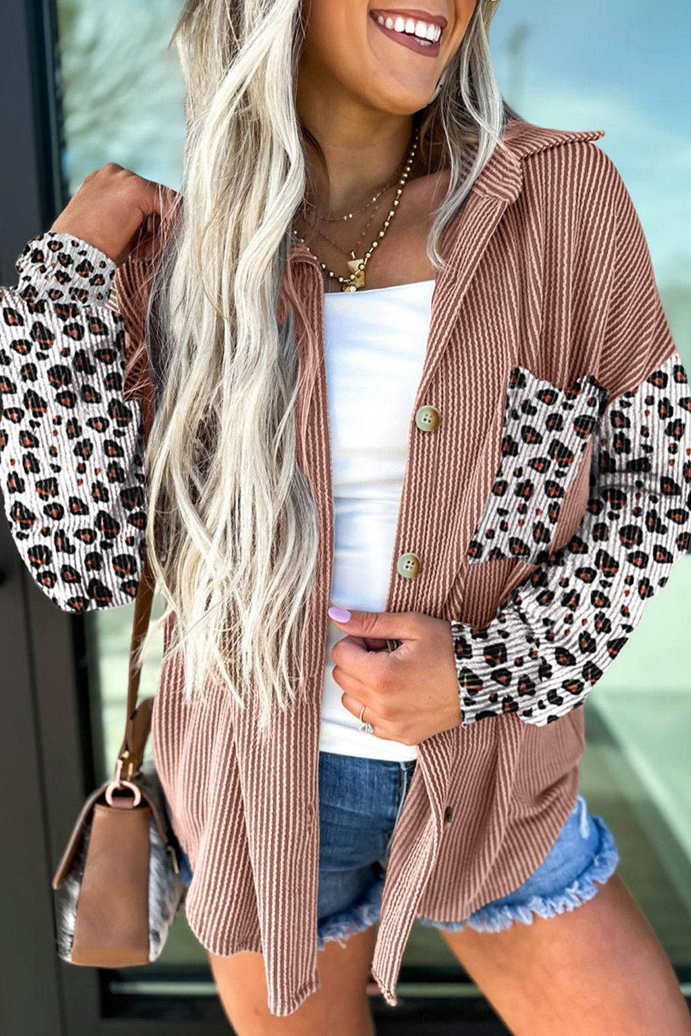 Leopard Patched Corded Button Up