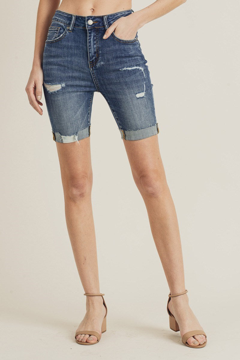 Risen High Rise Distressed Long Shorts