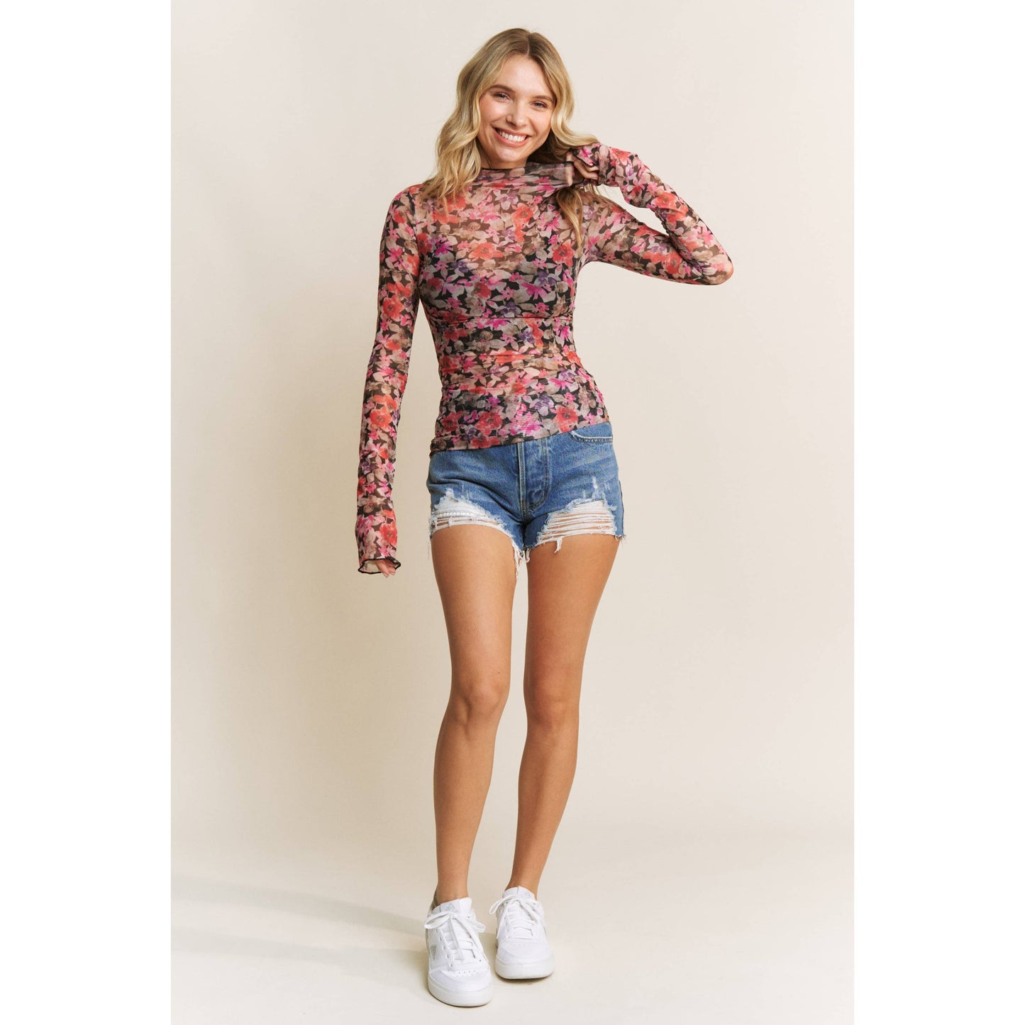 Floral Print Mesh High Neck