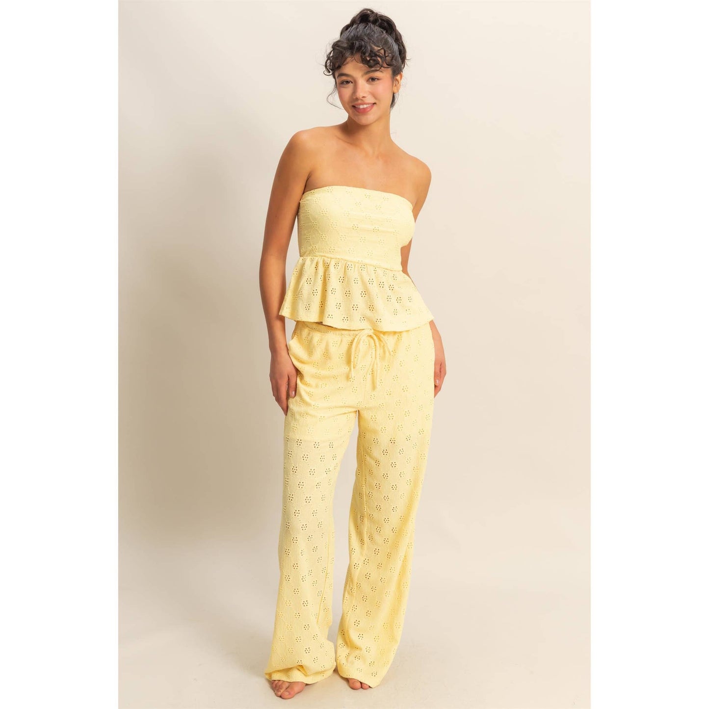 Eyelet Knit High Waist Drawstring Pants