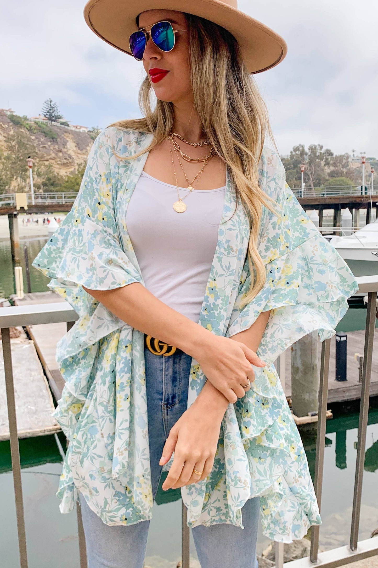 Sage Floral Printed Ruffle Sleeve Kimono Cover Up