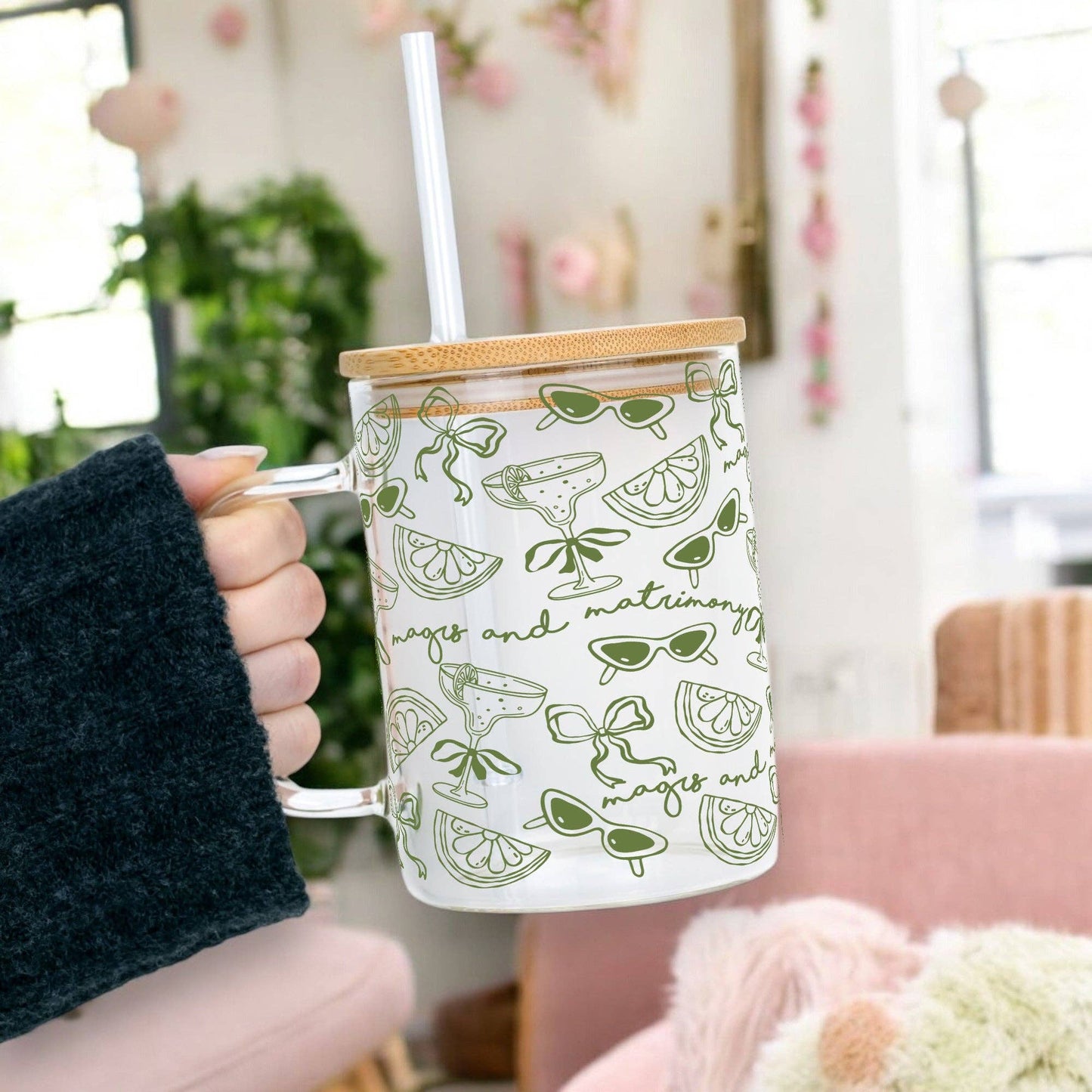 Margs and Matrimony Bridesmaids Clear Glass Mug With Lid & Straw