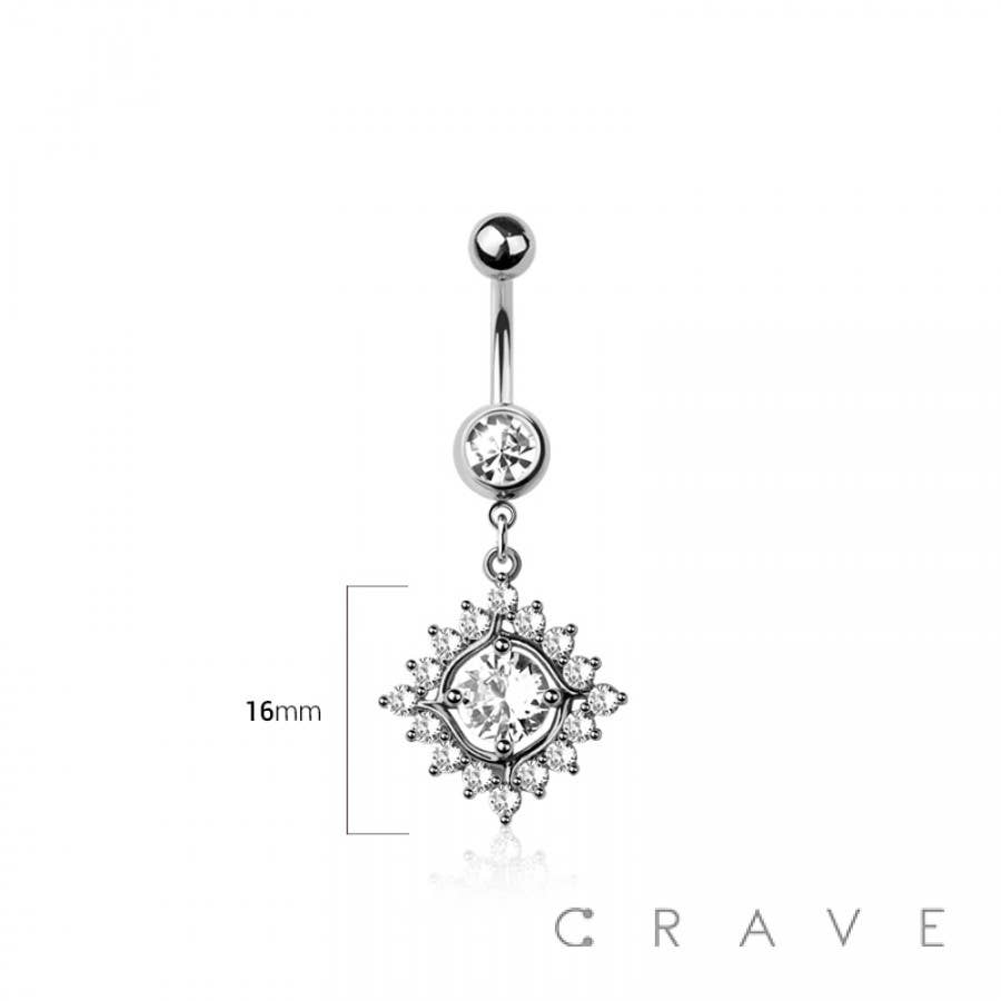 316L SURGICAL STEEL MULTI CZ RHOMBUS BEZEL DANGLE BELLY BUTT