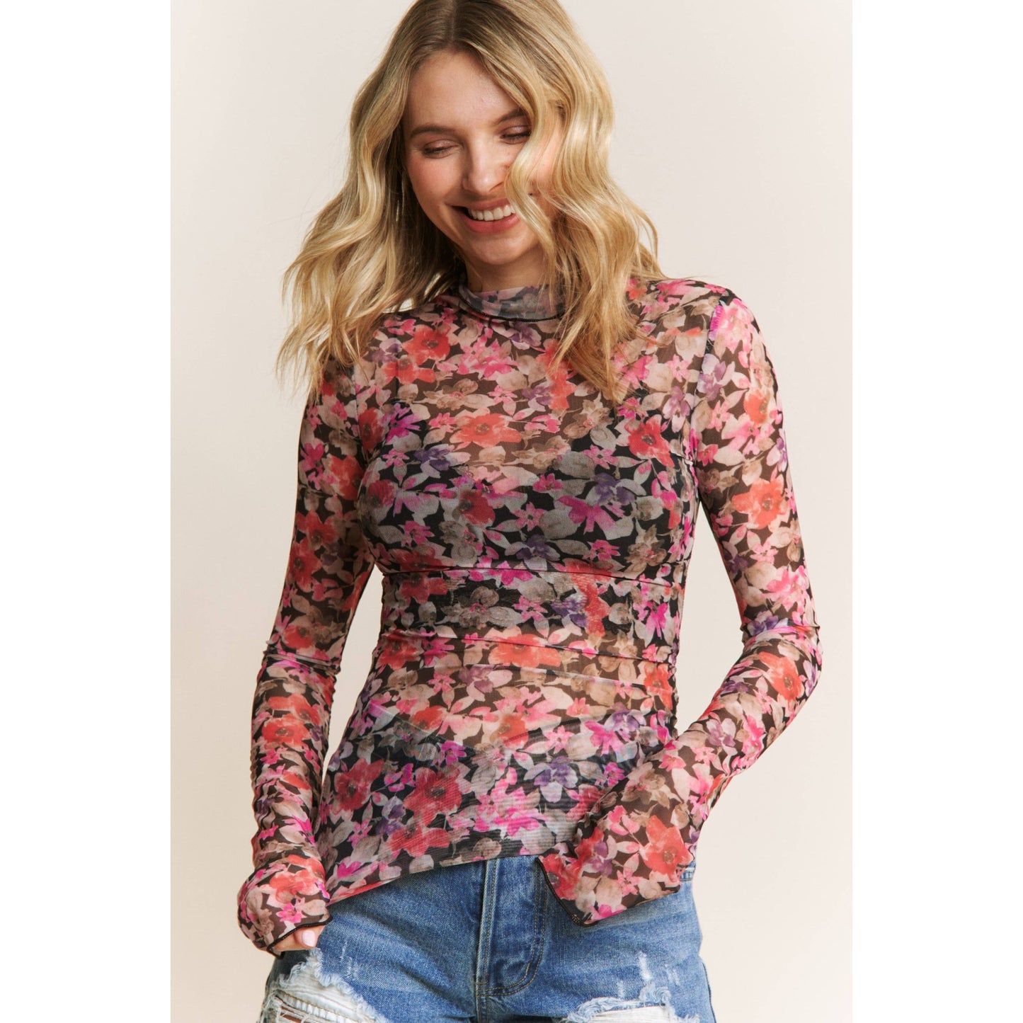 Floral Print Mesh High Neck