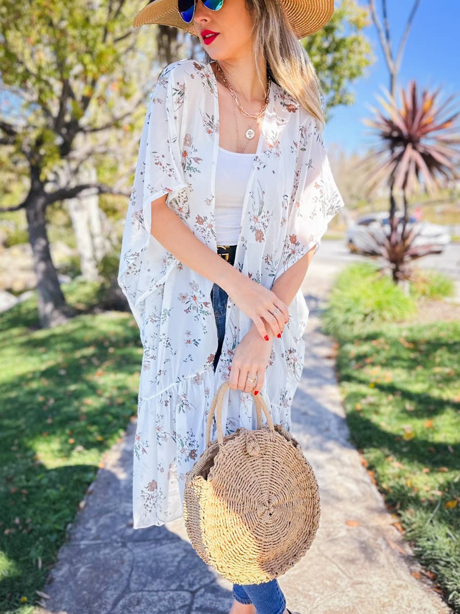 Ivory Floral Printed Ruffle Bottom Chiffon Kimono Cover Up