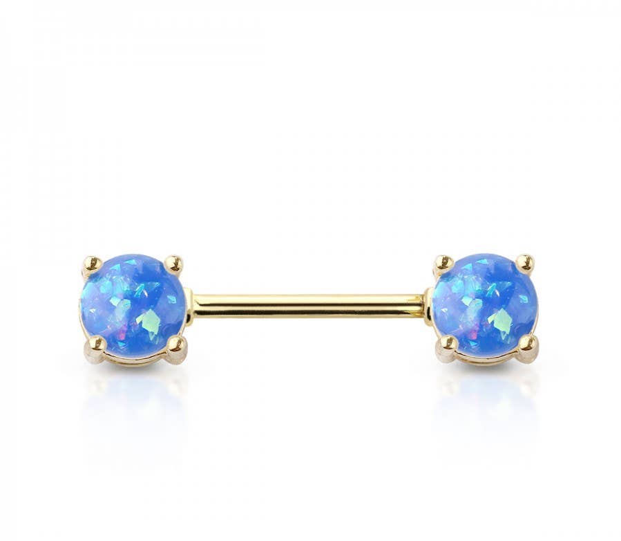 GOLD PLATED DOUBLE ROUND RESIN OPAL PRONG SET SS NIPPLE BAR