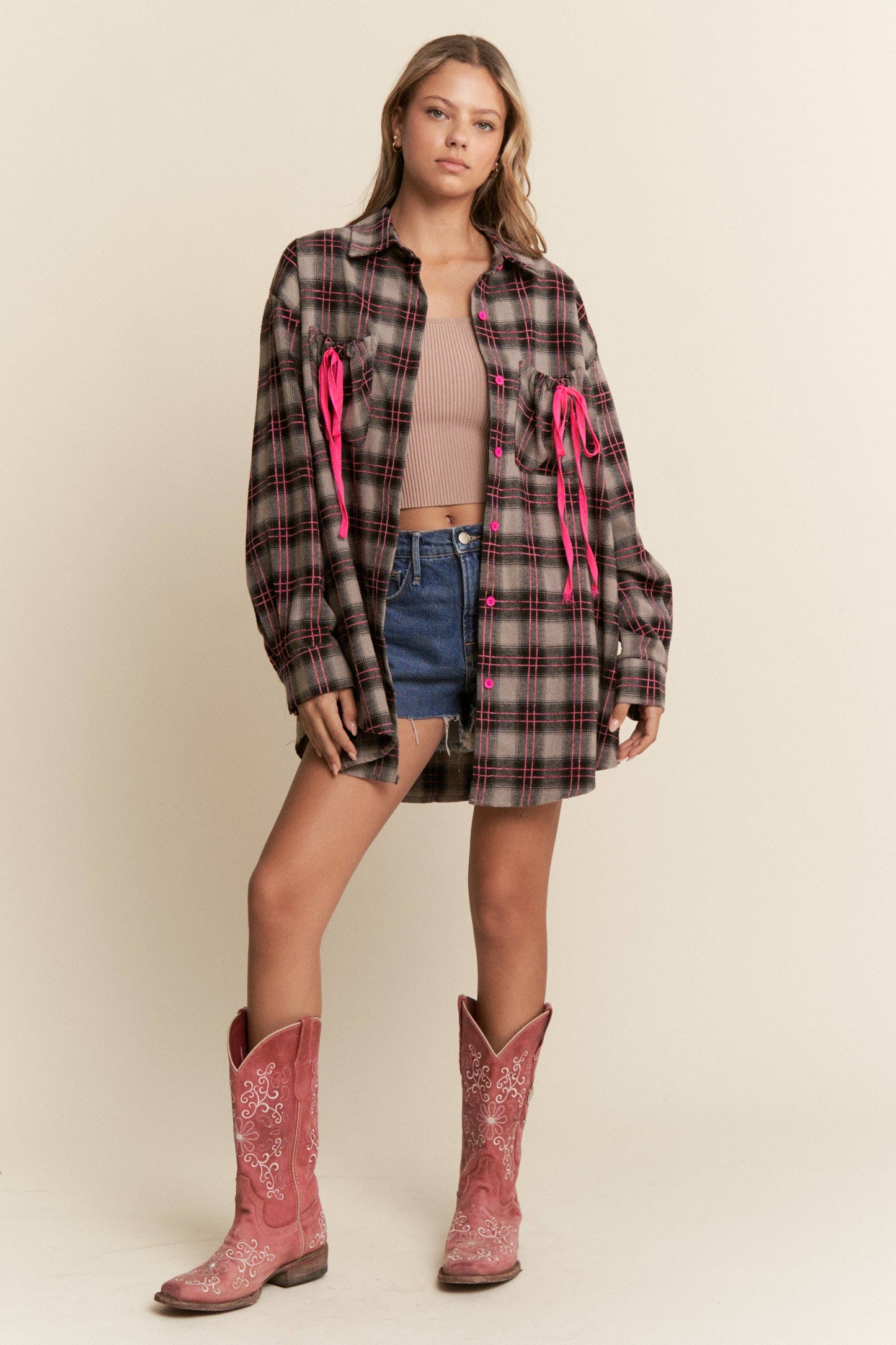 Plaid Ribbon Detail Button Down Top