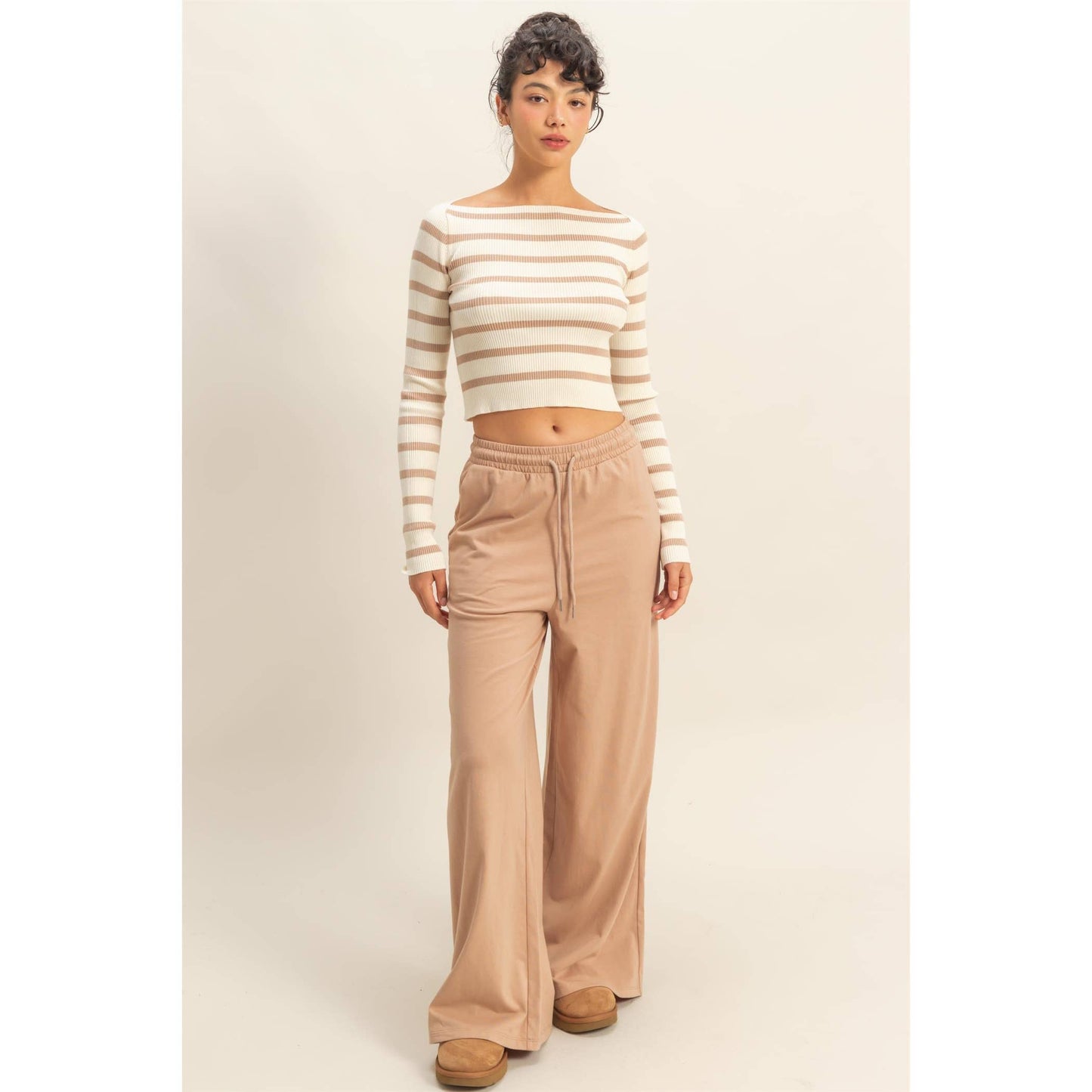 Striped Boatneck Long-Sleeve Crop Knit Top