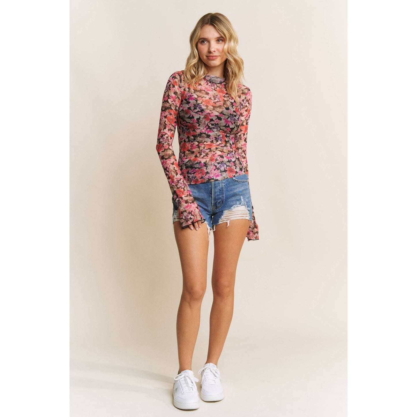 Floral Print Mesh High Neck