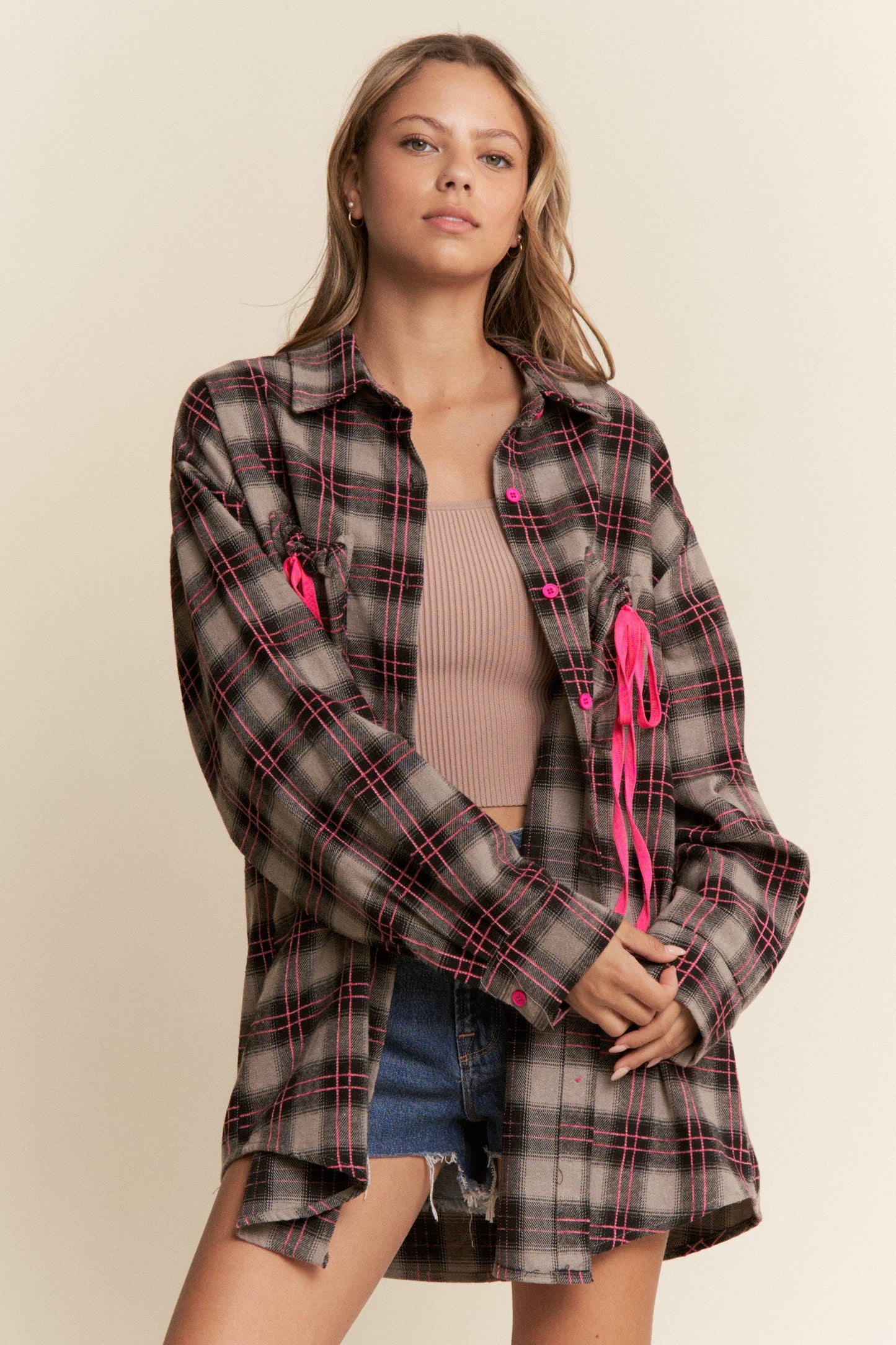 Plaid Ribbon Detail Button Down Top