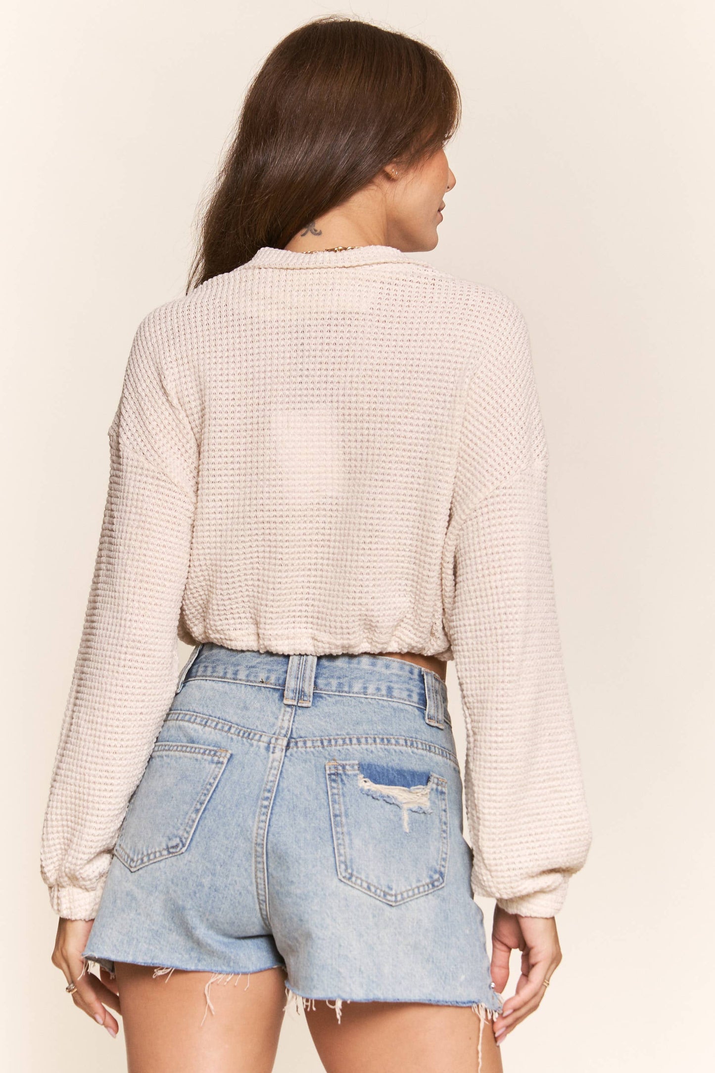 Waffle Knit Long Sleeve Front Zipper Crop Top