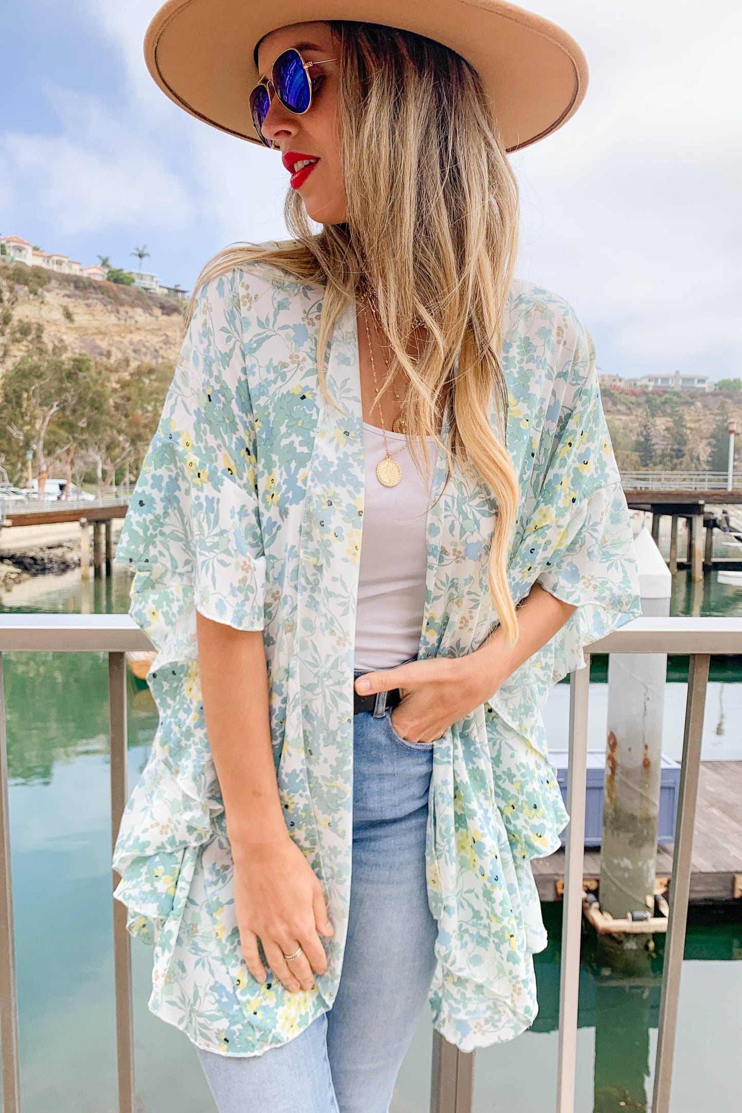 Sage Floral Printed Ruffle Sleeve Kimono Cover Up