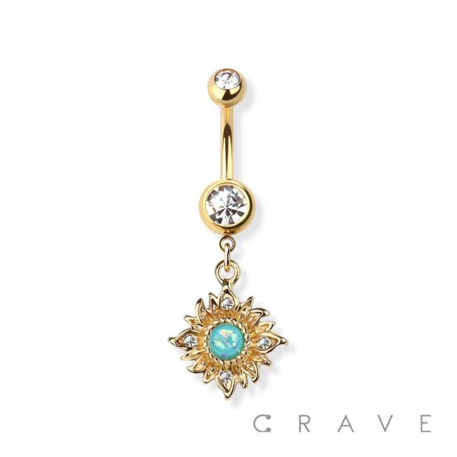 OPAL CENTERED FLAMING DANGLE 316L SURGICAL STEEL NAVEL RING