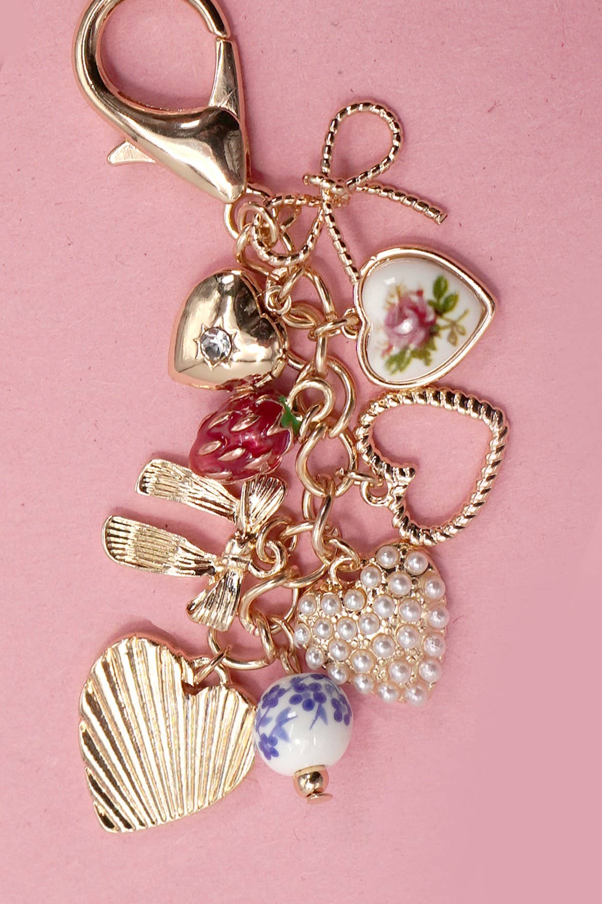 PORCELAIN BOWS HEARTS PEARL STRAWBERRY BAG CHARM |