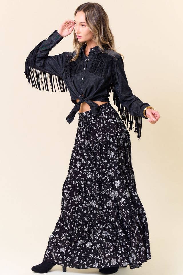 BLACK FLORAL TIERED MAXI SKIRT W/POCKETS