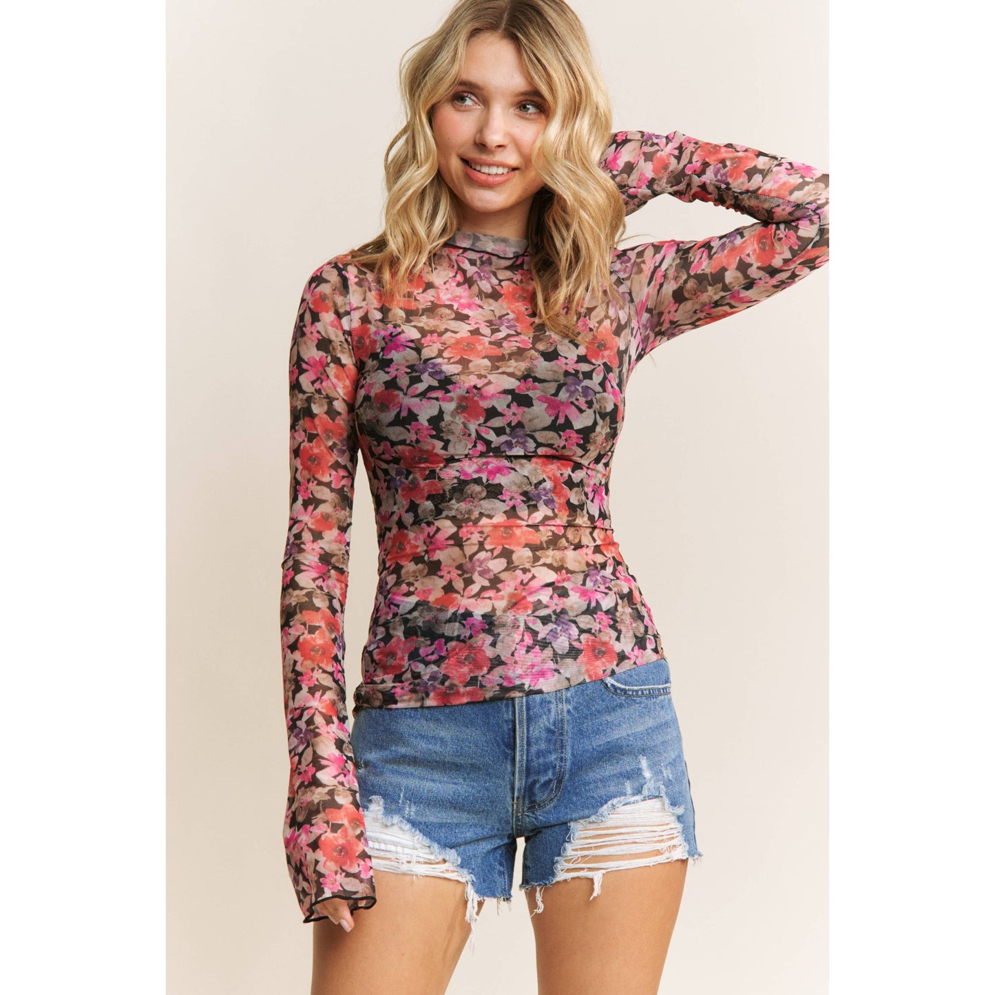 Floral Print Mesh High Neck