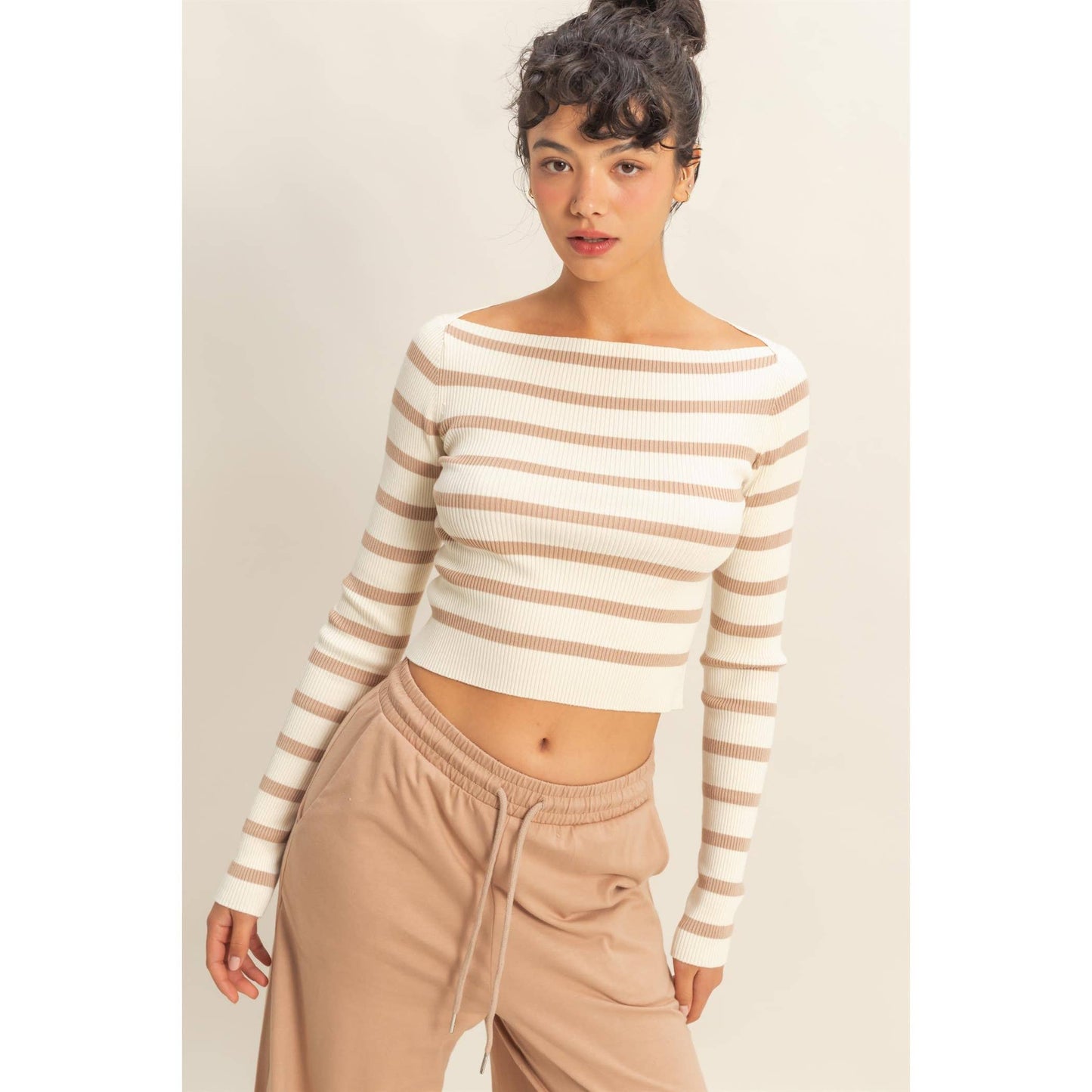 Striped Boatneck Long-Sleeve Crop Knit Top