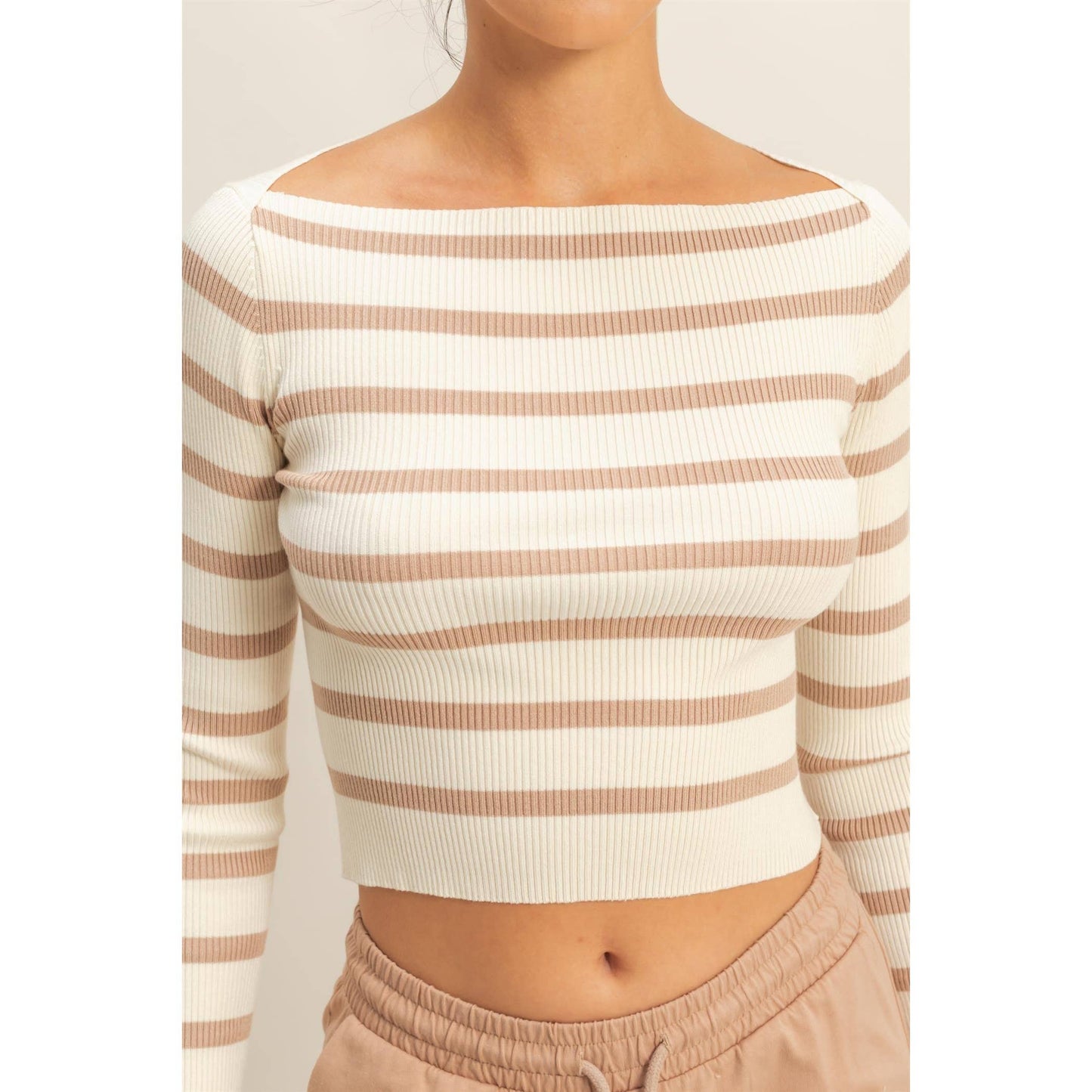 Striped Boatneck Long-Sleeve Crop Knit Top