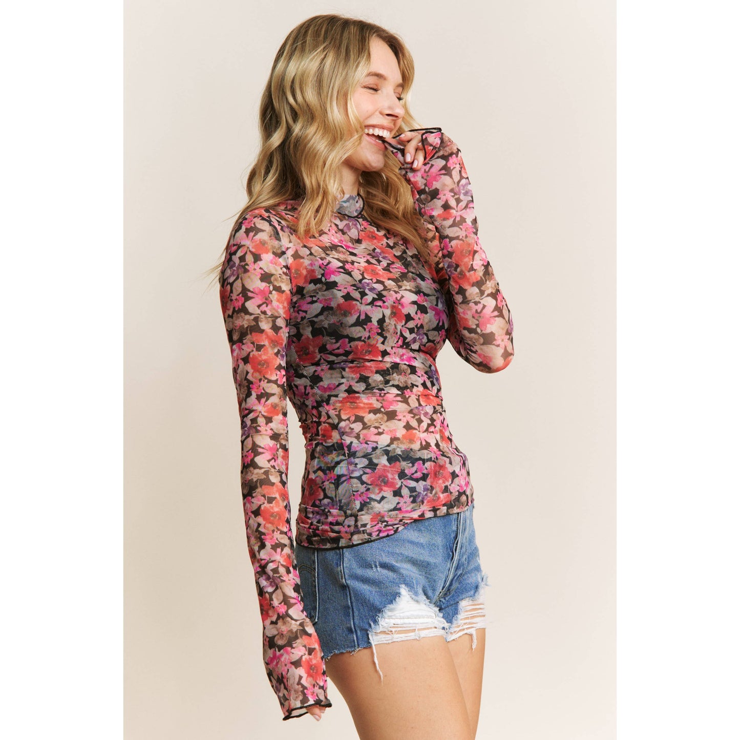 Floral Print Mesh High Neck