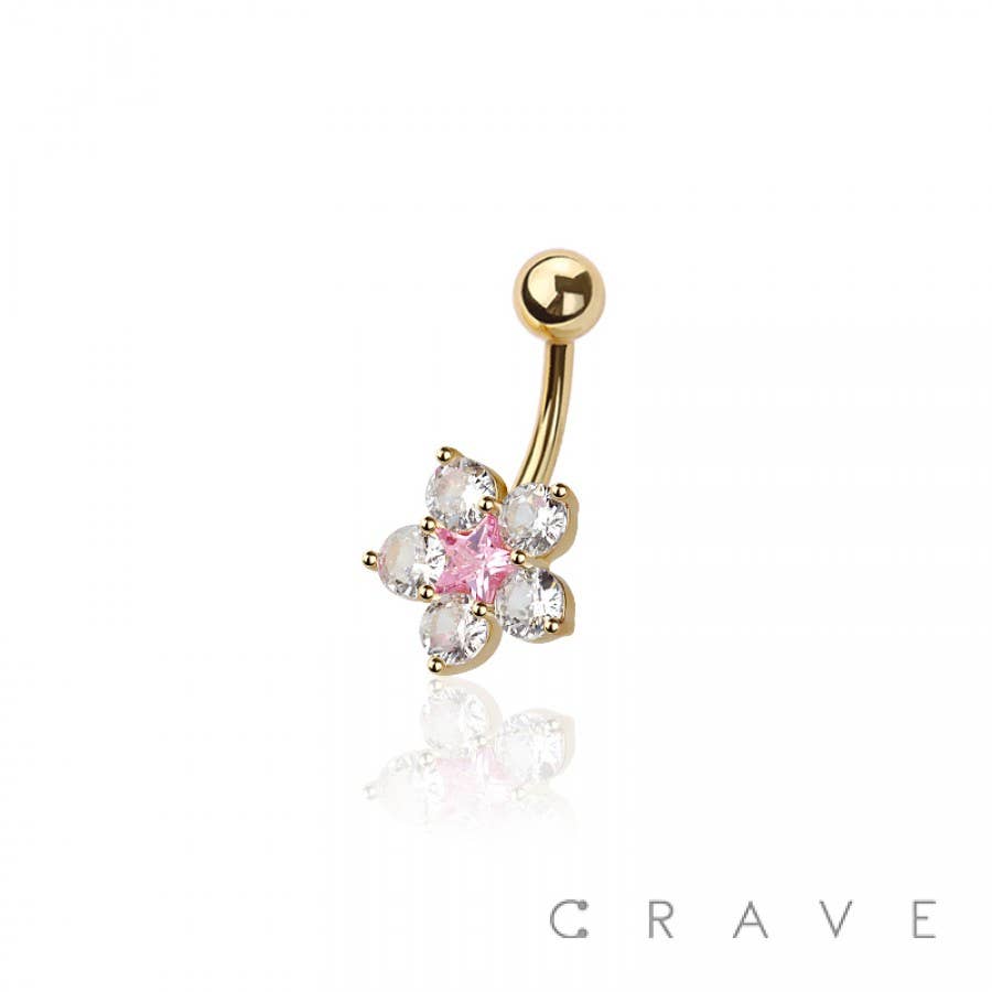 316L SURGICAL STEEL STAR FLOWER PINK CZ NON DANGLE BELLY BUT