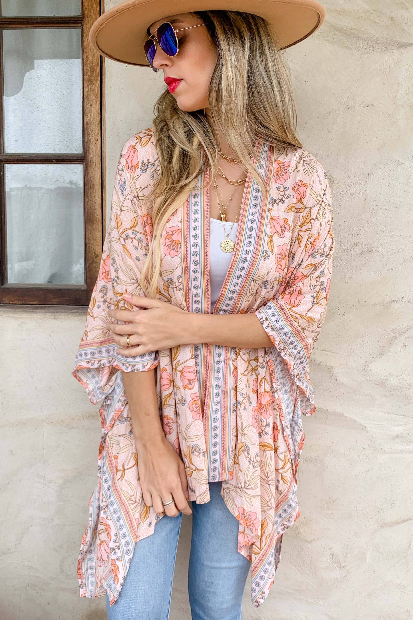 Blush Floral Border Printed Kimono Cardigan Cover Up