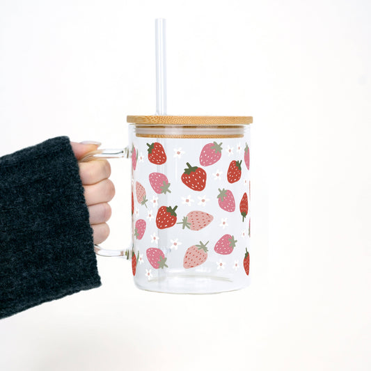 Strawberries 17oz Glass Mug With Lid and Straw