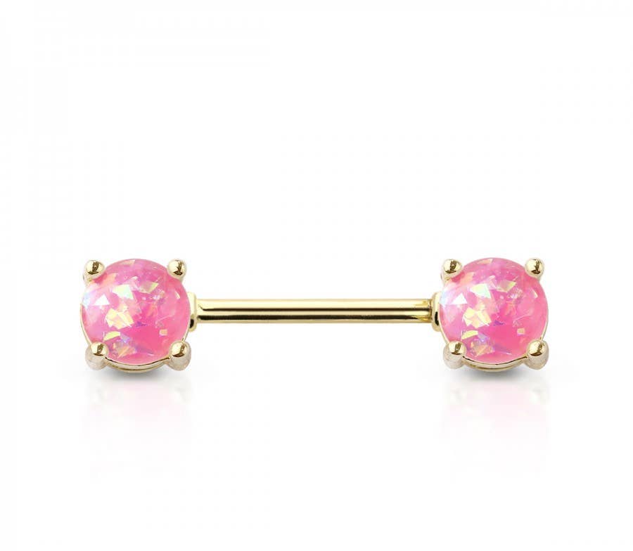 GOLD PLATED DOUBLE ROUND RESIN OPAL PRONG SET SS NIPPLE BAR