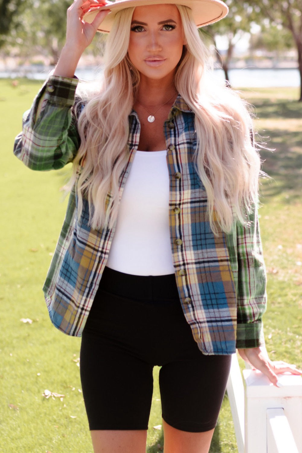 Green Chest Pockets Button Up Plaid