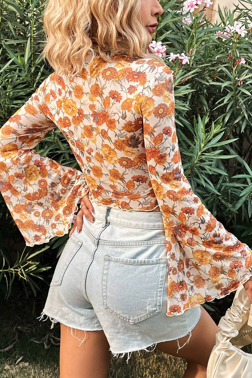 Orange Floral Mesh Bell Sleeve Blouse