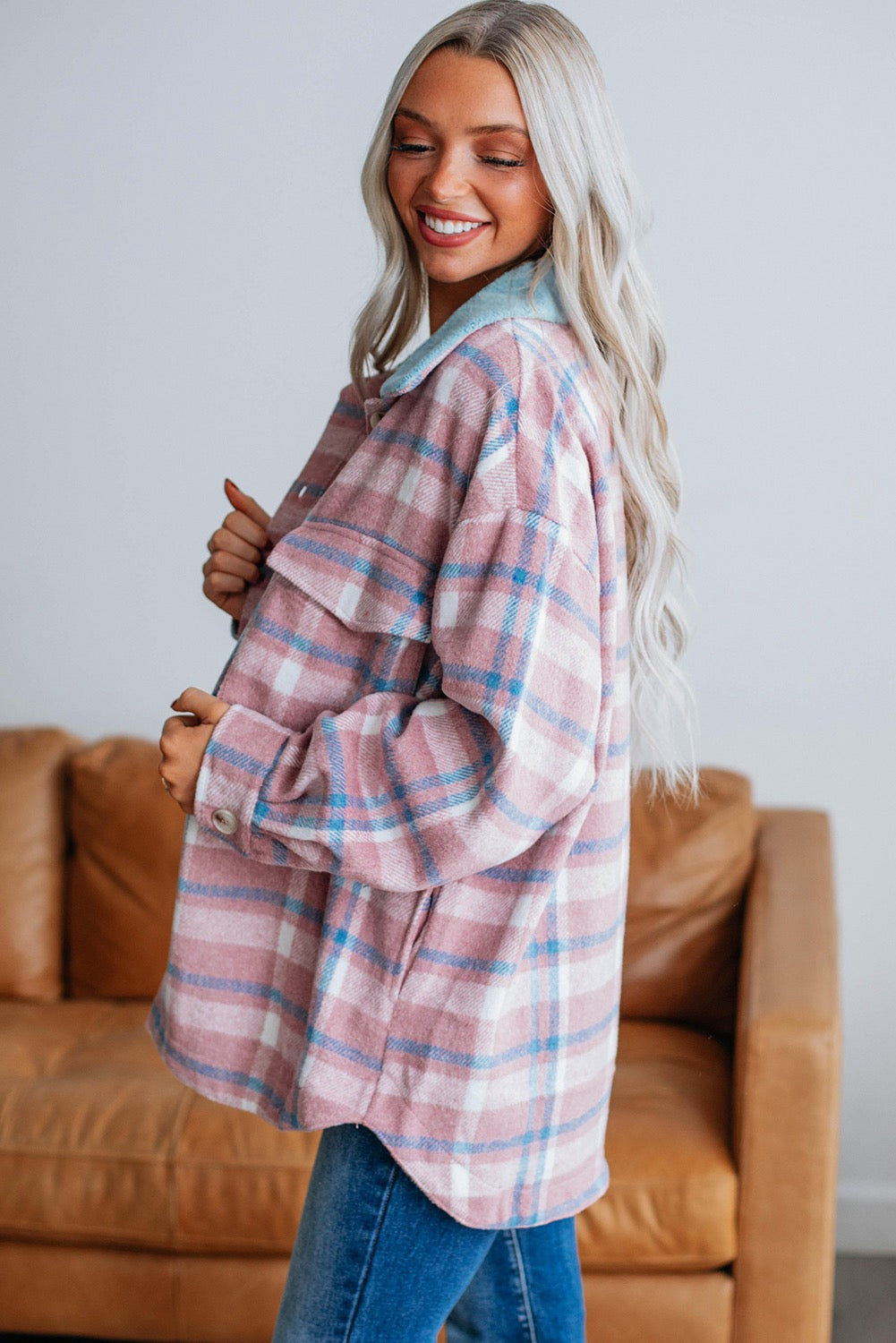 Pink Plaid Print Shacket