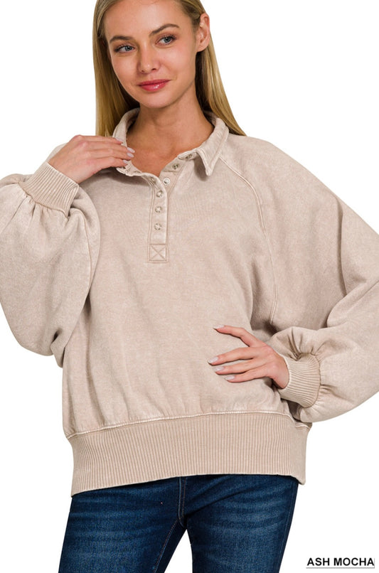 Zenana Acid Wash Henley Pullover