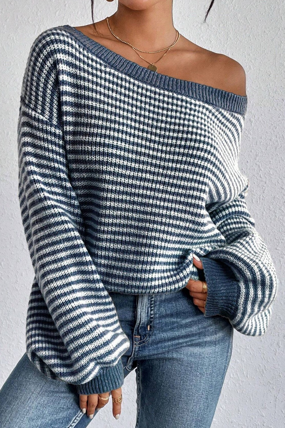 Sail Blue Striped Lantern Sleeve Cozy Sweater