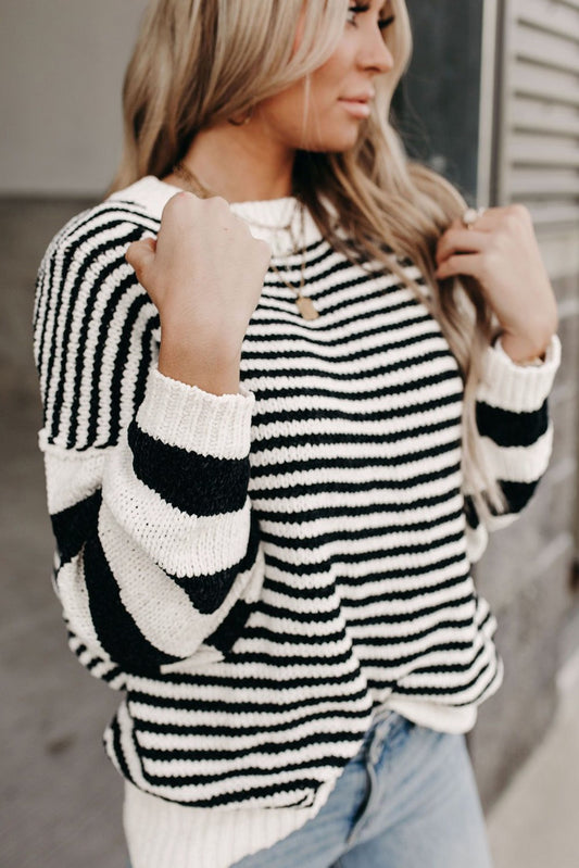 Black & White Striped Drop Shoulder Knit Sweater