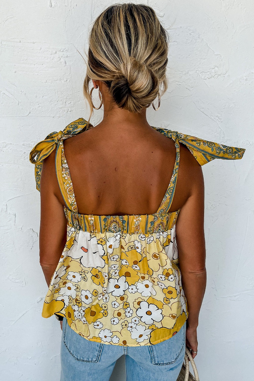 Yellow Floral Patchwork Button Tank Top