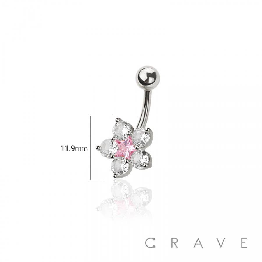 316L SURGICAL STEEL STAR FLOWER PINK CZ NON DANGLE BELLY BUT