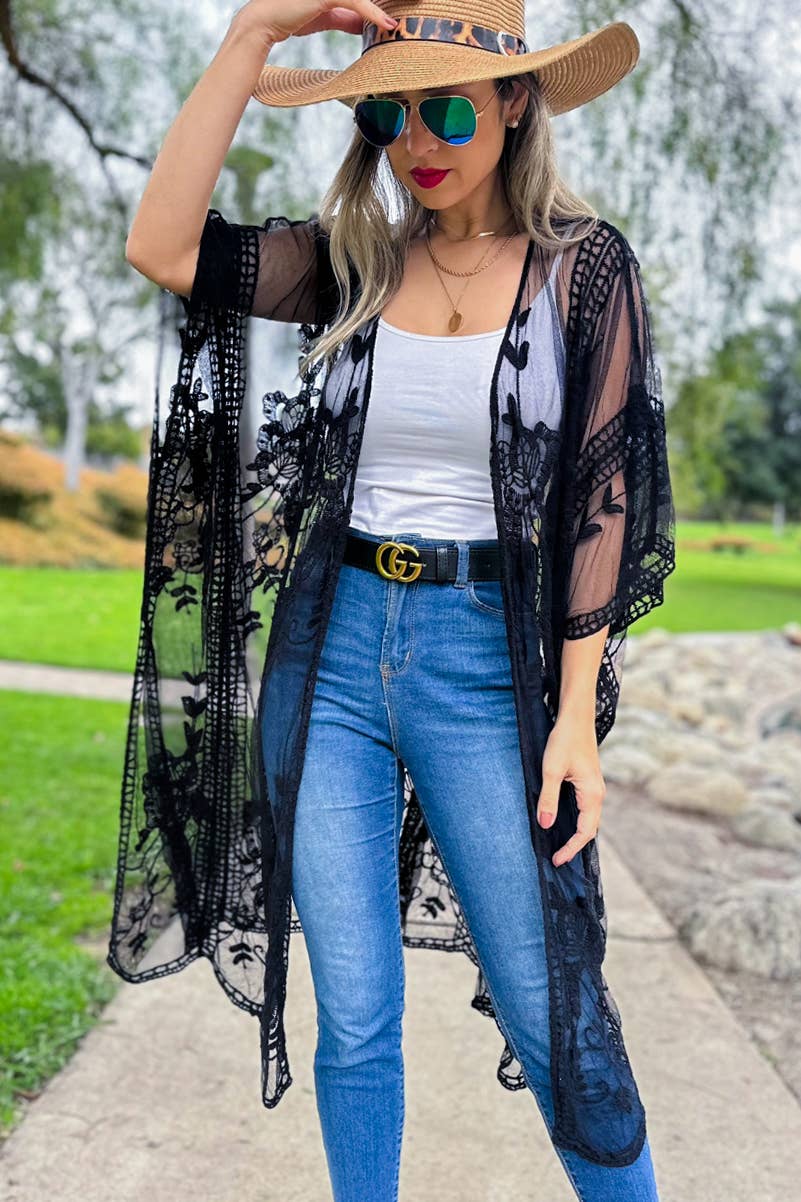 Black Floral Lace Sheer Dressy Kimono Cover Up